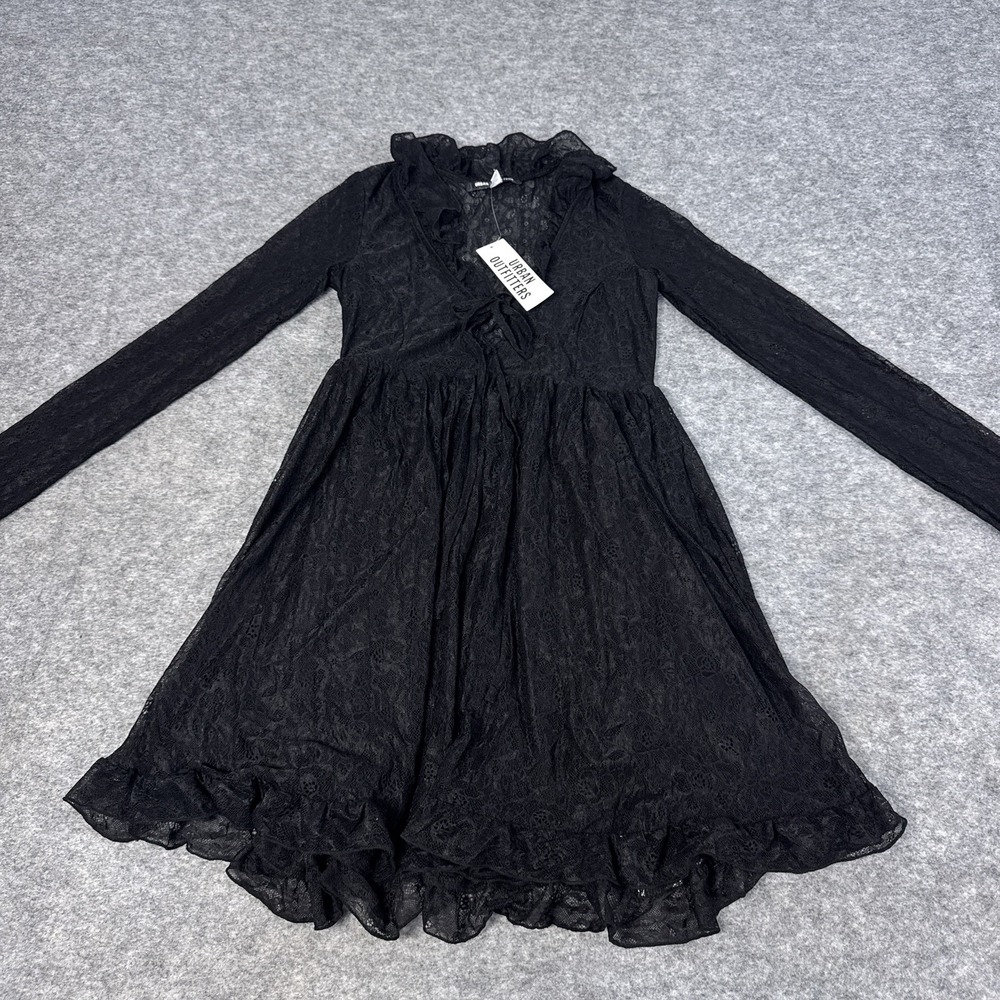 UO Janet Lace Dress Medium Black Long Sleeve Mini NWT Sheer Lined See Through